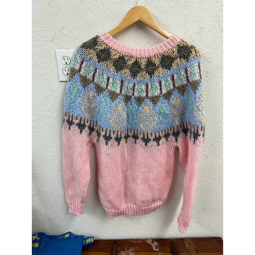 LE Pull-Over Vintage Grandma Sweater Oversize Small Pink Gray